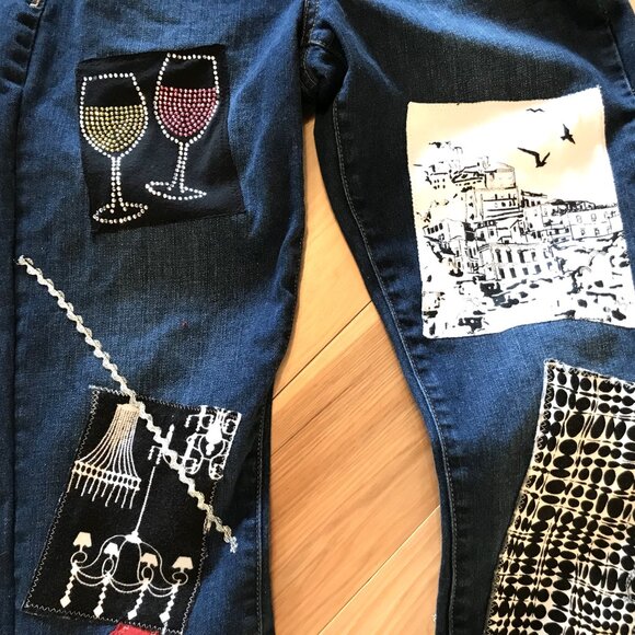 Upcycled Patchwork Jeans, Size 6 Lucky Brand: Wineglass Cityscape Design - Picture 4 of 11